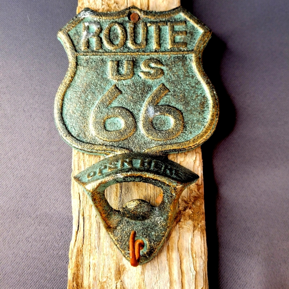 Route 66 bottle opener reclaimed barnwood